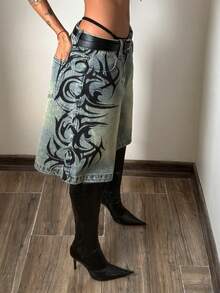 StreetHx Women's Patterned Pocket Wide Leg Loose Casual Bermuda Denim Shorts - Blue - View 4