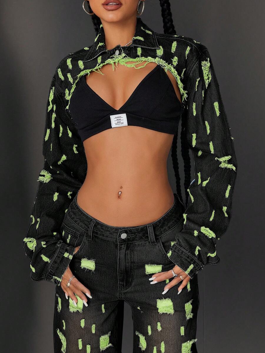 Jeanoix Women's Turndown Collar Frayed Hem Fashionable Versatile Date Casual Long Sleeve Denim Jacket - Green - View 1