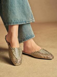 Rosivie Mocasines planos de punta cuadrada con diseño tejido y sin cordones para mujer - Dorado - Ver 2