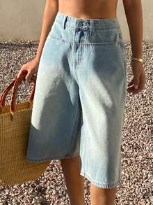 Livesso 女士高腰口袋阔腿宽松休闲牛仔短裤 - 藍色 - 查看 3