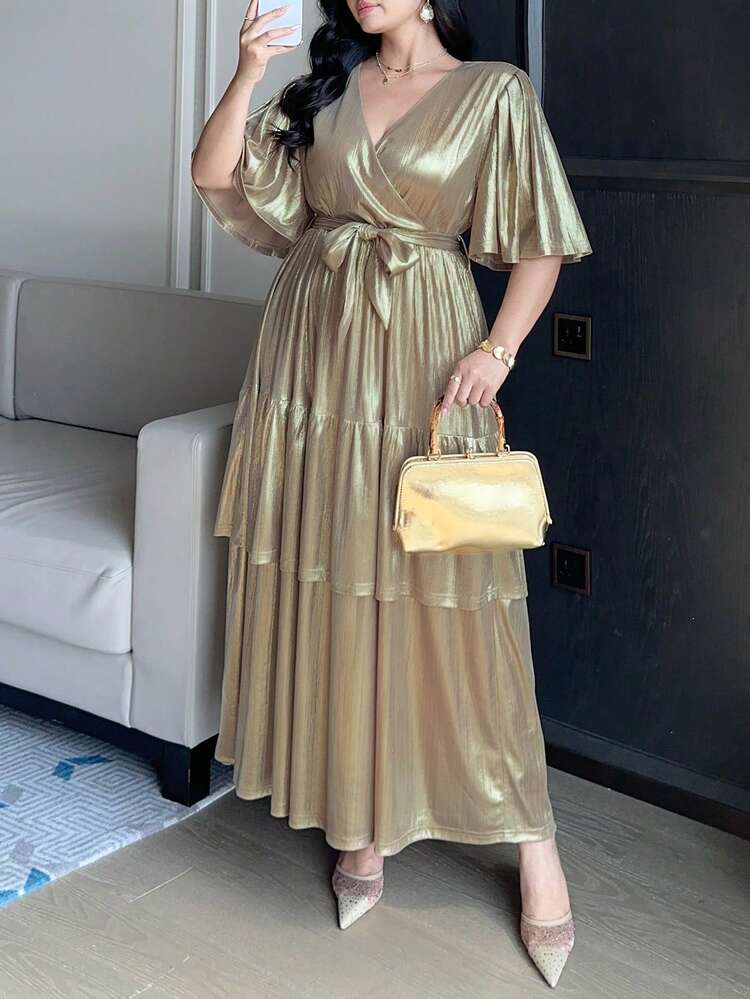 Dazy Plus Plus Size Women Metal Texture Overlap V-Neck Ruffle Short Sleeve Elegant Dress Sundress