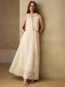 MOTF PREMIUM WOMEN'S CONTRAST LACE ELASTIC WAIST PLEATED DRESS - Apricot - View 7