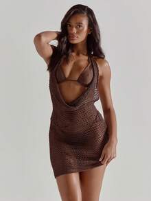MUSERA Crochet Cowl Neck Backless Mini Dress Cover Up Beachwear Summer Solid Colour Holiday Sexy Vacation Spring - Coffee Brown - View 1