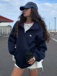 DAZY Women's Casual Colorblock Turndown Collar Thermal Lined Loose Sweatshirt, Spring - Navy Blue - View 3