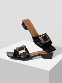Mnmlis Women's Summer Metal Buckle Square Toe Chunky Heel Retro Patent Leather Black Mules, Suitable For Daily Commute - Black - View 3