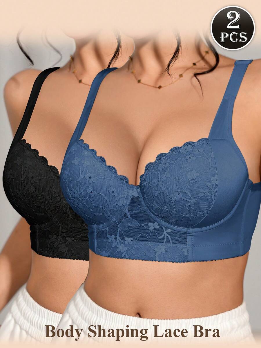 SHEIN 2件/套 女士蕾丝休闲柔软舒适宽肩带聚拢可调节钢圈文胸 - 彩色 - 查看 1