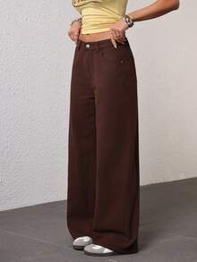 Jeanoix Women's Pocketed Wide Leg Loose Casual Versatile Jeans - Brown - View 4