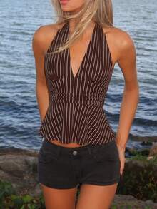 Sydney Algeri 露背深 V 领收腰 A 字形露背条纹背心 - 棕色 - 查看 6