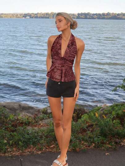 Sydney Algeri 露背深 V 领收腰 A 字形露背复古佩斯利印花波西米亚露背吊带背心，性感女士俱乐部服装，适合 Y2K、垃圾摇滚、哥特赛博朋克和美学风格