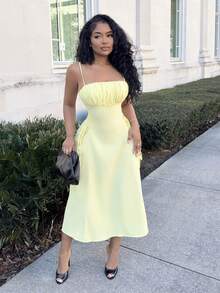 Alexandranx Women Dresses Lace Up Zip Ruched Bust Plain Casual - Kuning - View 6