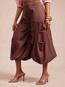 Vixey Elastic Waistband Gathered Balloon Hem Pants - Brown - View 4