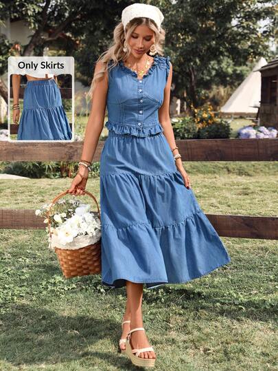 Breezaya Solid Color Elastic Waist Casual Ruffle Pleated Denim Mini Skirt, Summer Spring Summer  Vacation