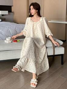 Dazy Kids 少女碎花荷叶边睡裙家居服 - 杏色 - 查看 7