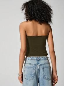 SHEIN EZwear Áo tank top dệt kim trơn màu dáng regular fit, hở lưng, không tay dành cho nữ - xanh quân đội - Xem 2