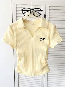 Tween女孩春夏純色休閒優雅蝴蝶結刺繡 Polo 小V領修身側抓皺短袖短版舒適彈性羅紋針織 T-shirt Polo 衫 白色 - 芥末黃 - 查看 5