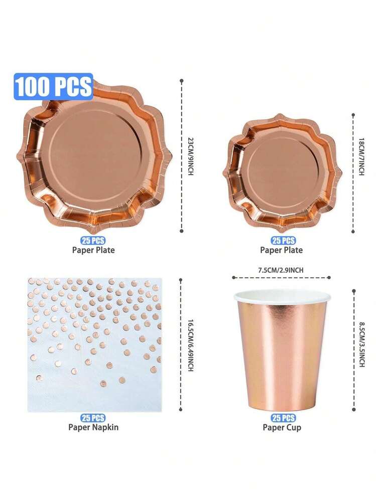 玫瑰金花瓣造型一次性派对餐具套装，包括玫瑰金花瓣造型的派对餐盘、纸杯和餐巾纸。适用于周年纪念、毕业典礼和生日派对装饰的一次性纸杯、纸盘和餐巾纸，玫瑰金派对用品。 - 彩色 - 查看 2