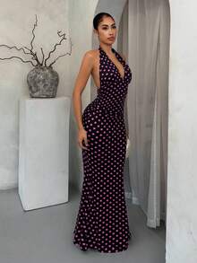 SHEIN SXY 波点优雅露背美人鱼裙 - 黑色 - 查看 6