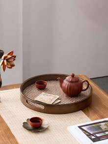Practical And Exquisite Bamboo And Wood Storage Tray - Round Tea, Pastry, Fruit, Coffee, Stationery Storage Exquisite And Practical Gift - Brown - View 4