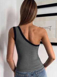 DAZY Women's Oblique Collar Tight-Fitting Patchwork Contrast Color Letter Print Top Summer - Dark Grey - View 3