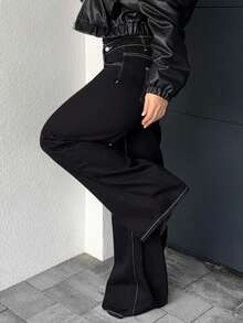 Jeta Ari 女士时尚休闲不对称腰带宽松牛仔裤 - 黑色 - 查看 4