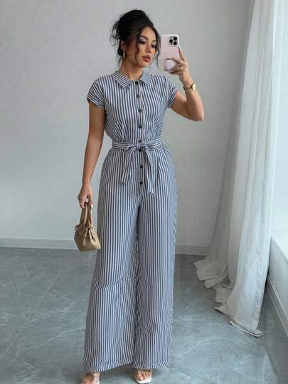 Enterizo de Mujer con Rayas Verticales y Cinturón Ajustable | Estilo Versátil y Cómodo para el Verano | Ideal para Uso Diario y Vacaciones