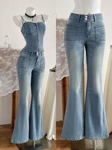 Elamini 女士休闲通勤水洗喇叭牛仔裤 - 藍色 - 查看 1