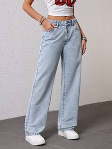 SHEIN EZwear Women's Pocketed Wide Leg Loose Casual Versatile Jeans - Light Wash - View 5