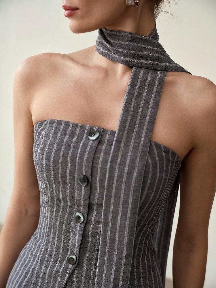 2PCS CASUAL STRIPED PRINT BUTTON FRONT BELTED TUBE TOP AND PANTS SET