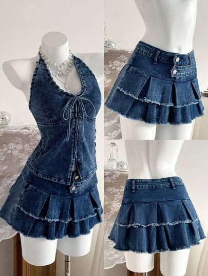 Elamini Women's Casual Washed Denim Frayed Hem A-Line Skirt, Summer