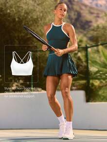 GLOWMODE Soft Swing Built-In Shorts Side Pockets Contrasting Trim Crewneck Ultra-Low Rise Pleated Racerback Tennis Dress Golf Pickleball Daily Casual Wear - Green - View 7
