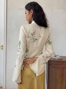 EastFlair Women's Botanical Pattern Asymmetric Hem Chinese Style Shirt - Apricot - View 6