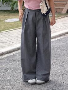 DAZY Quần ống rộng xếp ly kẻ sọc cho bé gái tuổi teen, thích hợp mặc mùa hè. - Xám - Xem 5