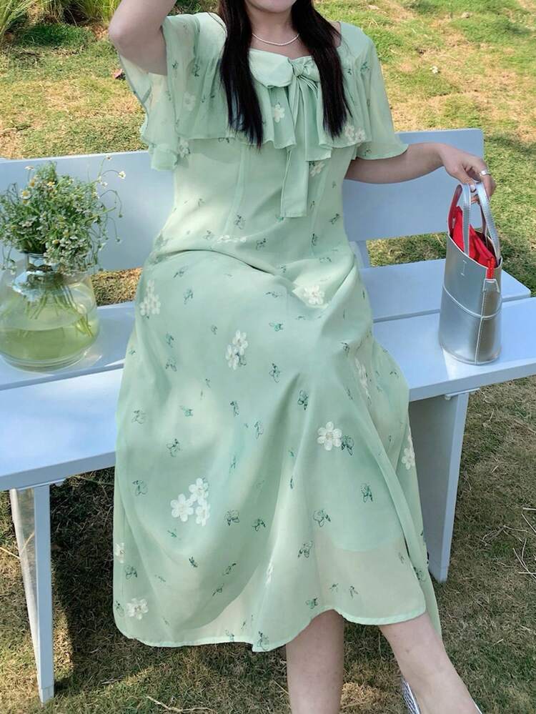 Dazy Plus Plus Size Summer Elegant Butterfly & Floral Embroidery Bow Decor Dress Sundress