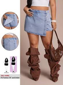 SHEIN Tall CURVE Plus Size Women's Y2K High Waist Denim Skort Light Blue Rhinestone Sparkly Wrap Mini Skirt With Shorts Casual Summer Party Outfits Plus Size Solid Color Casual Versatile Denim Shorts For Summer - Light Wash - View 3