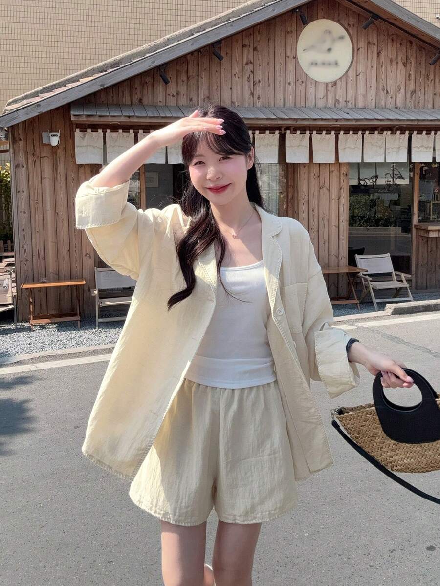 DAZY Women's Collared Embroidered Loose Top & Shorts 2 Pieces Set - Coffee Brown - View 1