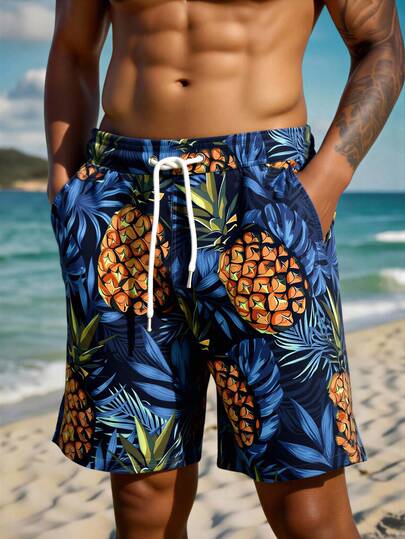 Manfinity Swimmode Men's Pineapple Print Drawstring Waist Casual Beach Shorts Men Matching Swim Trunks Swim Trunks For Men Beachwear For Men Men Swim Trunks Shorts Men Swim Trunks, Hawaiian Mens Beachwear Mens Pineapple Shorts Mens Beach Shorts Mens Pineapple Swim Trunks Tropical Swim Trunks