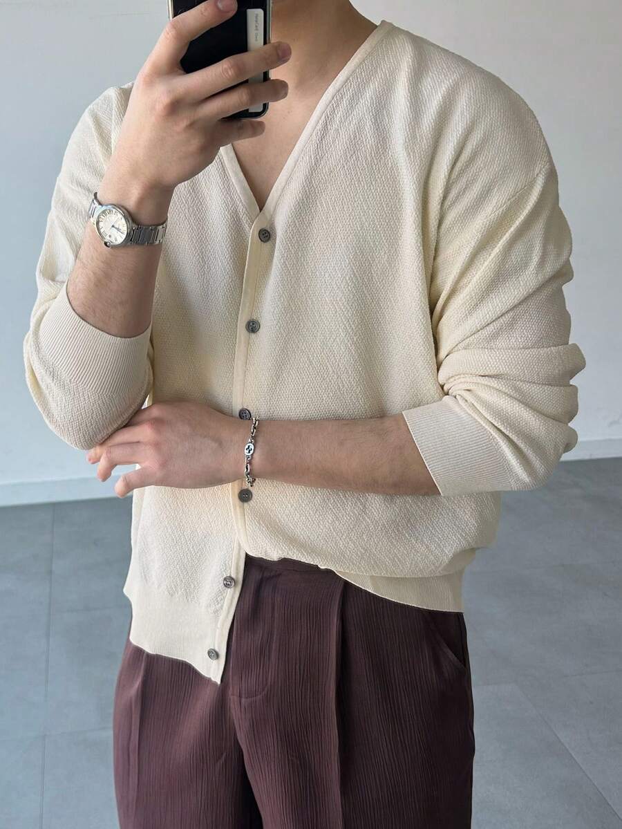 DAZY 男士休闲米色单排扣长袖针织开衫，春夏款 - 米色 - 查看 1