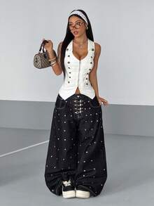 StreetHx Women's Summer Casual Button Decor Sleeveless Denim Blouse - White - View 6