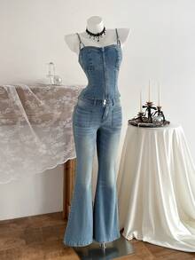 Elamini 女士拉链修身牛仔吊带背心 - 藍色 - 查看 3