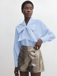 BizChic 女士休闲优雅打结纽扣衬衫，百搭实用，适合办公室、正式场合、都市通勤、日常休闲穿着，浪漫90年代复古风，也适合派对、毕业典礼、婚礼宾客、伴娘、女主人、外出、社交活动、音乐会、毕业典礼、早午餐、机场等场合。 - 藍色 - 查看 5