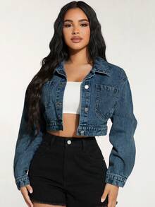 SHEIN PETITE Áo khoác denim lửng dáng rộng, phong cách thường ngày, thích hợp cho mùa xuân. - Màu xanh lam - Xem 5