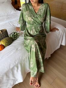 DAZY 度假風花卉印花荷葉邊收腰長款女式睡袍 夏季睡衣 - 綠色 - 查看 4