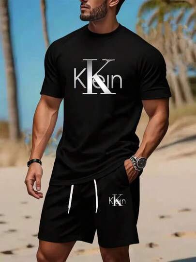 Conjunto 2 piezas para hombre playera de manga corta y shorts con cordón, estampado gráfico moderno, outfit casual deportivo de verano estilo callejero y vacaciones