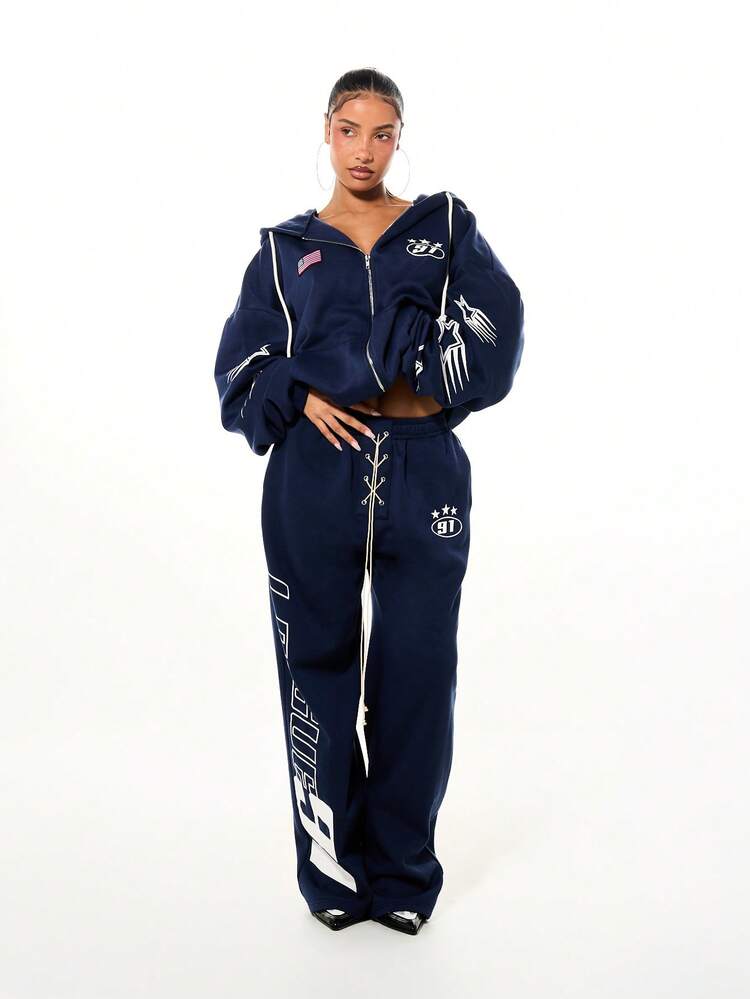 SUMWON WOMEN Lace-Up Front Wide Leg Graphic Joggers