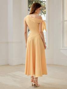 MOTF PREMIUM WOMEN'S ASYMMETRICAL NECK KNOT ELEGANT DATE NIGHT DRESS, SPRING/SUMMER - Yellow - View 3
