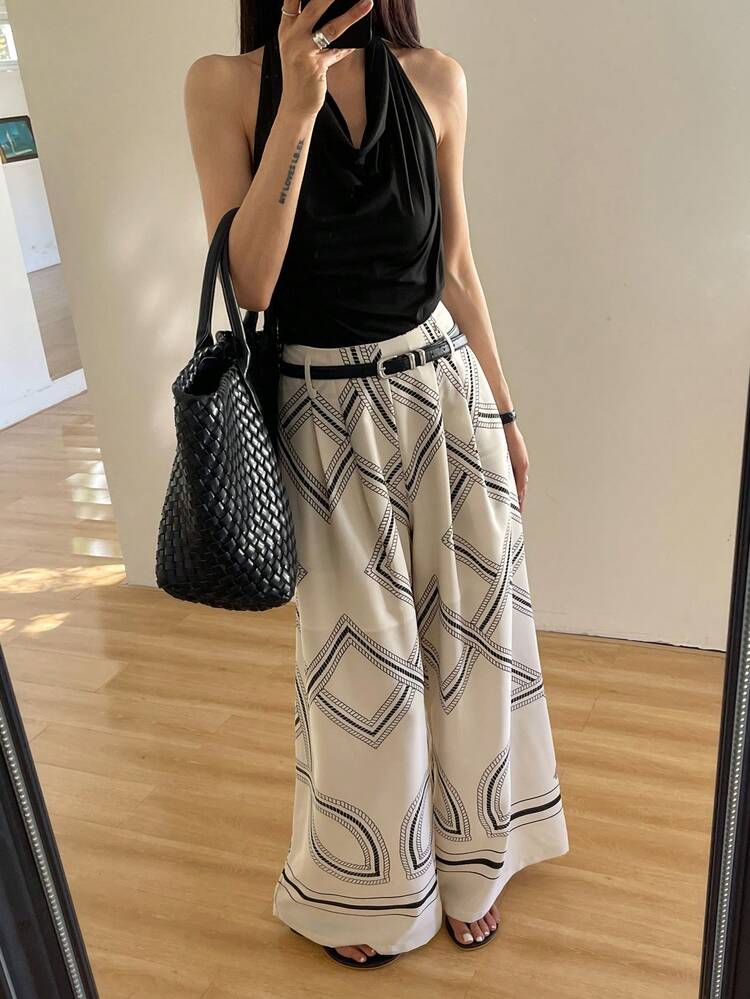 Women's Summer Draped Neck Backless Top And Loose Printed Straight Leg Pants Elegant Vacation Set