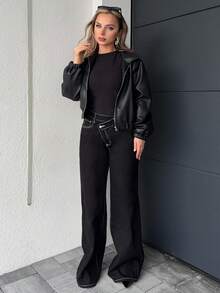 Jeta Ari 女士时尚休闲不对称腰带宽松牛仔裤 - 黑色 - 查看 5