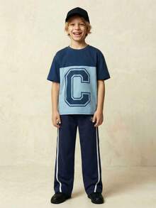 Casuvi Kids Fashionable Casual American College Style Contrast Color Patchwork Print Tween Boys T-Shirt, Oversized Deep And Light Blue Color Block, Big Letter C Print, Minimalist Loose Fit, New School Style, Suitable For Campus Life, Outdoor Play, Weekend Vacation And Leisure Boys Jersey Shirt And Pants - Blue - View 7