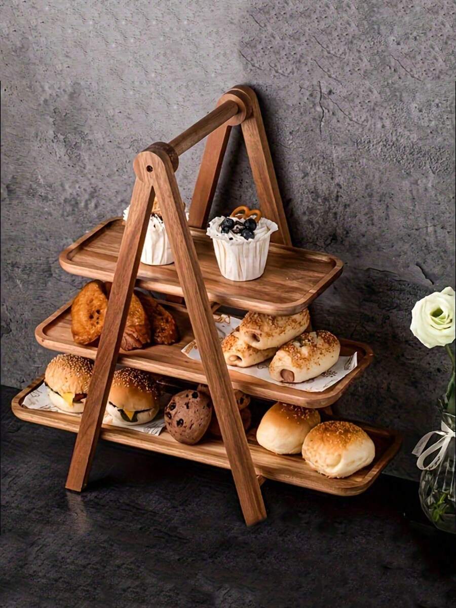 KEMORELA 1PC,Wooden 3 Tier Serving Tray Wood Cupcake Stand Rectangle Serving Platter Food Display Trays For Party, Birthday, Wedding,Kitchen, - Brown - View 1