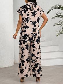 SHEIN Lady 女士印花立领蝙蝠袖上衣和阔腿裤休闲两件套 - 杏色 - 查看 2